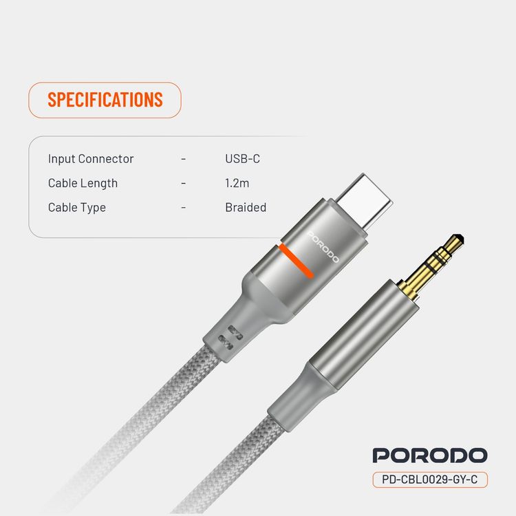 Porodo AUX to USB-C Cable with LED Light, 1.2m Cable Length, Universal Compatibility, Braided Cable Type, Tangle-Free Design - Gray