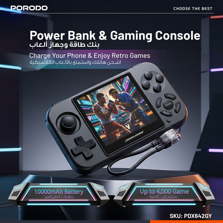 Porodo Gaming Powerplay Power Bank Gaming Controller with LED Light, Lightweight & Portable, 3D Dual Joystick, 2.8" Display Size, PD 20W Fast Charging, 15W Wireless Charging, 12 Hours Working Time, Simultaneous Charging, 4000 TF-Game, USB-C Port - Gray