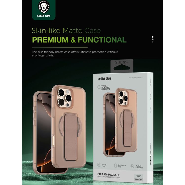 Green Lion Grip 360 MagSafe Case for iPhone 16 Pro Max with Leather Grip Strap, Camera Protection, Multi Functional Design, Scratch Resistant, Foldable Stand - Desert Titanium 
