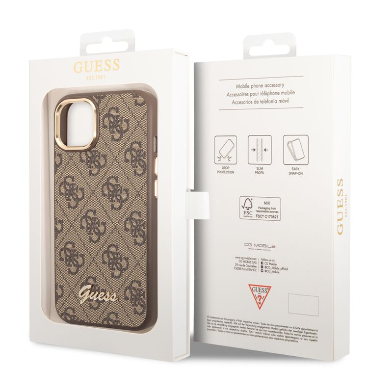 Guess PC/TPU 4G PU Case with Metal Camera Outline & Buttons iPhone 14 Plus Compatibility - Brown