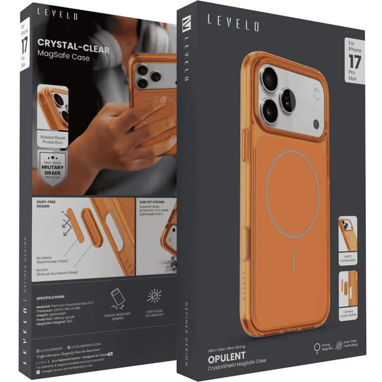 Levelo Opulent Full PC iPhone 17 Pro Max Case with Strong N52 Magnets, MagSafe Compatible, Camera Control Button, Ever-Clear Technology, 2.0mm PC Frame, Raised Bezel Protection, Military-Grade Protection, Shock-Resistant Bumper, Anti-Scratch Cover - Sunrise Orange