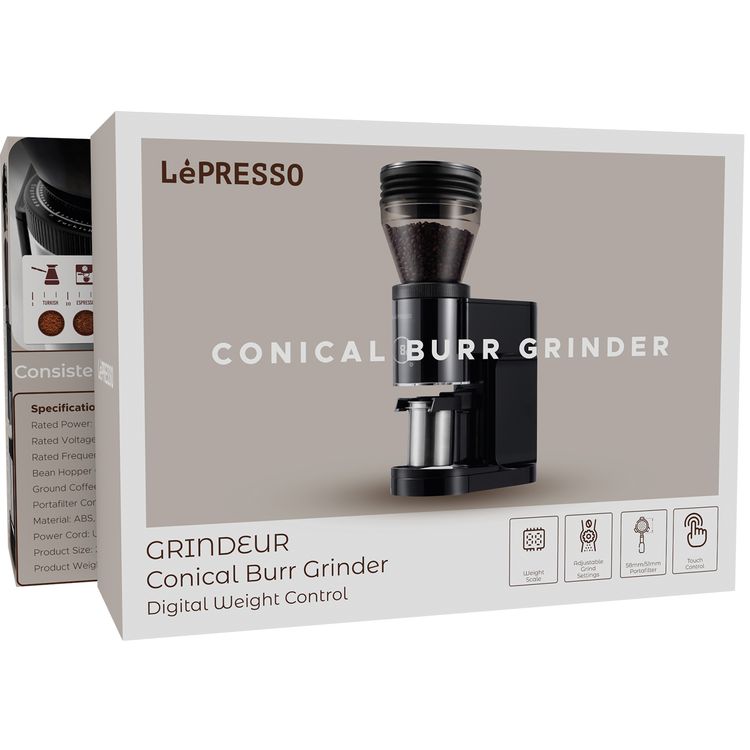LePresso Precision Conical Burr Grinder with Digital Weight Control, Touch Display, 150W DC Motor Rated Power, 220-240V Rated Voltage, 50/60Hz Rated Frequency, 400g Bean Hopper Capacity, 90g Ground Coffee Cup Capacity, 3-Pin UK Plug, ABS & 304 Stainless Steel Materials - Black