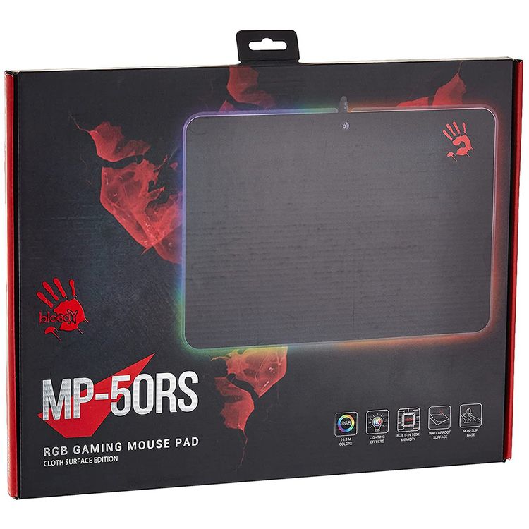 Bloody RGB Gaming Mouse Pad with LED Switch Button, Ultra-Smooth Surface, Non-Slip Rubber Base, Braided Cable, Waterproof Cloth Surface, 16.8M Color Options - Black