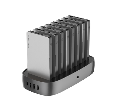 Powerology 8-in-1 Power Bank Station 8000mAh With Built-in Cable, Portable Power Bank and 1 Rapid Recharging Station Compatible iPhone Devices, Type C Charging Ports - Silver