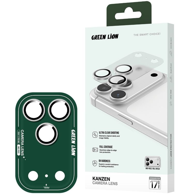 Green Lion Kanzen Camera Lens for iPhone 17 Pro Max, 9H Hardness, Easy to Apply, Anti Fingerprint, Bubble Free, Full Coverage, Ultra Clear Shooting, Impact Resistant, Ultra-Thin Base - Silver
