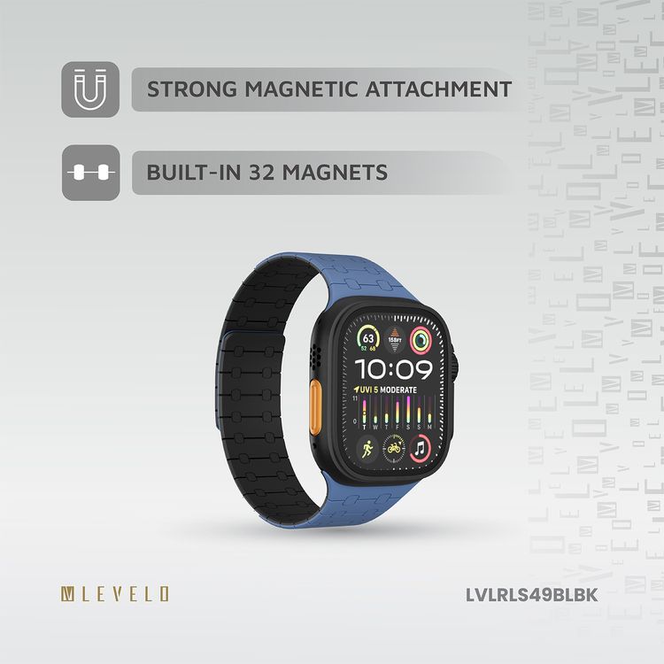 حزام ساعة سيليكون Levelo Royallink ثنائي اللون لساعة Apple Watch بحجم 49/46 مم، مصنوع من مواد مضادة للحساسية، يحتوي على 32 مغناطيس مدمج، مقاوم للماء والعرق، يتميز بقوة التثبيت المغناطيسي، سهل التركيب - أزرق / أسود.