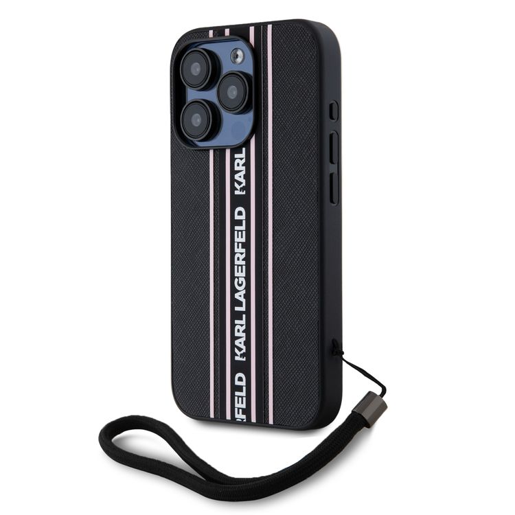 جراب Karl Lagerfeld PU الصلب مع شرائط رياضية لهاتف iPhone 16 Pro Max، خفيف الوزن، مادة عالية الجودة، قبضة مريحة وآمنة - وردي