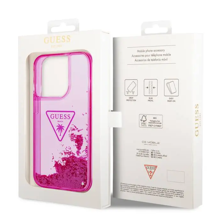 Guess Liquid Glitter Case with Triangle  Translucent Logo - Fuchsia - iPhone 15 Pro