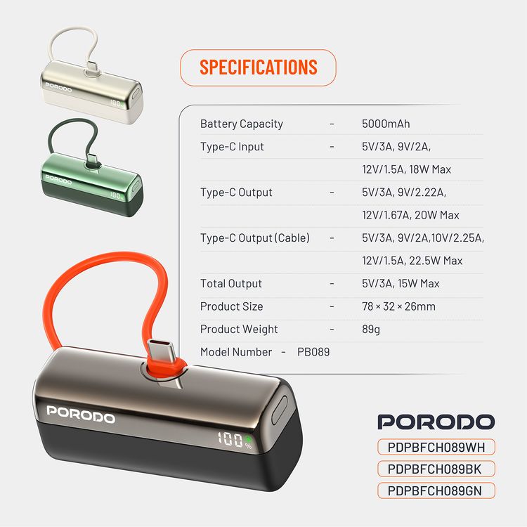 Porodo Pocket Volt 5000mAh Power Bank with Built-in Type-C Connector, 22.5W Power Delivery, Fast Charging Support, Compact Design, 15W Total Output - Black