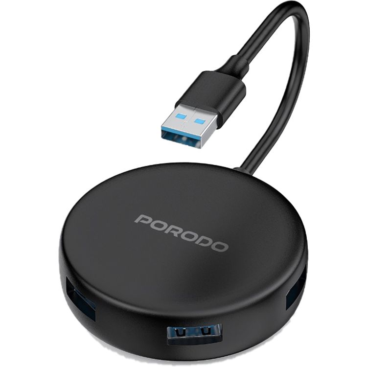 Porodo Multi-Port Hub with USB-C Power Support, Broad Compatibility, ×4 USB 3.0 Ports,  Plug & Play, Compact & Lightweight - Black