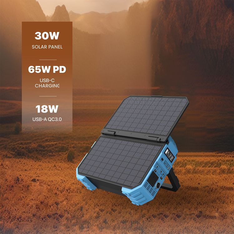 Powerology 600W 192000mAh Portable Generator Integrated Solar Panel, PD 65W, Solar Panel 30W, 18W QC 3.0 - Blue