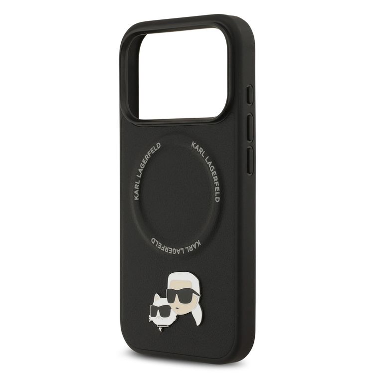 غلاف جلد PU من كارل لاغرفيلد مع دبابيس رأس كارل وشوبيتي لجهاز آيفون 17 برو، متوافق مع ماج سيف، نحيف، حماية من السقوط، قبضة مريحة، تغليف مستدام، سهولة التركيب، تصميم خفيف الوزن - أسود