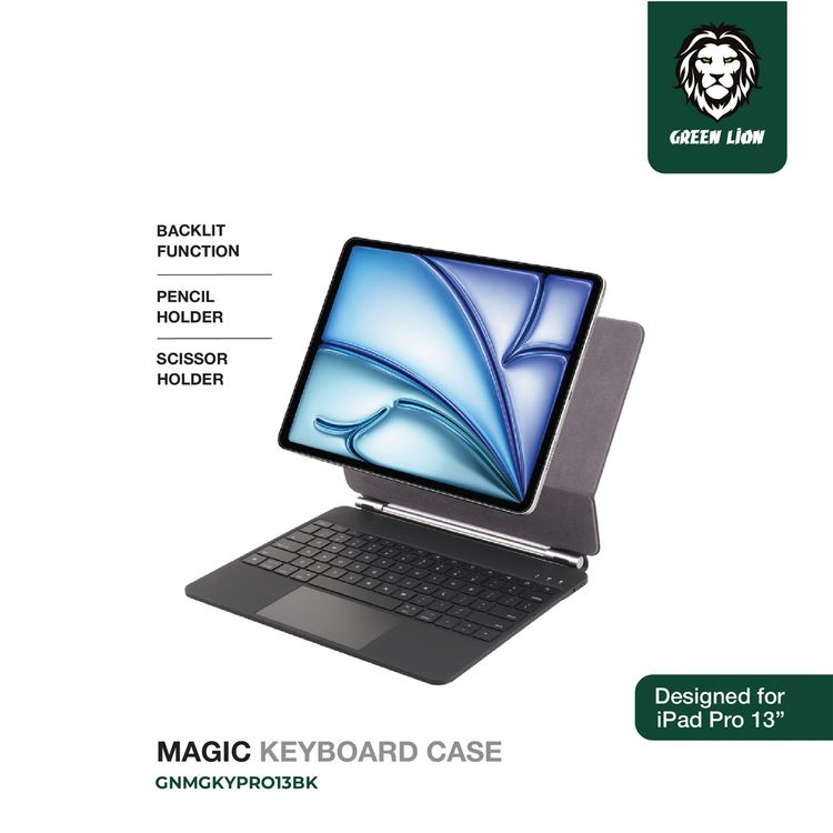 حافظة لوحة مفاتيح السحرية من Green Lion  لجهاز أيباد برو مقاس 13 بوصة، مسافة تشغيل 10 أمتار، منفذ شحن من النوع C، حامل قلم - أسود
