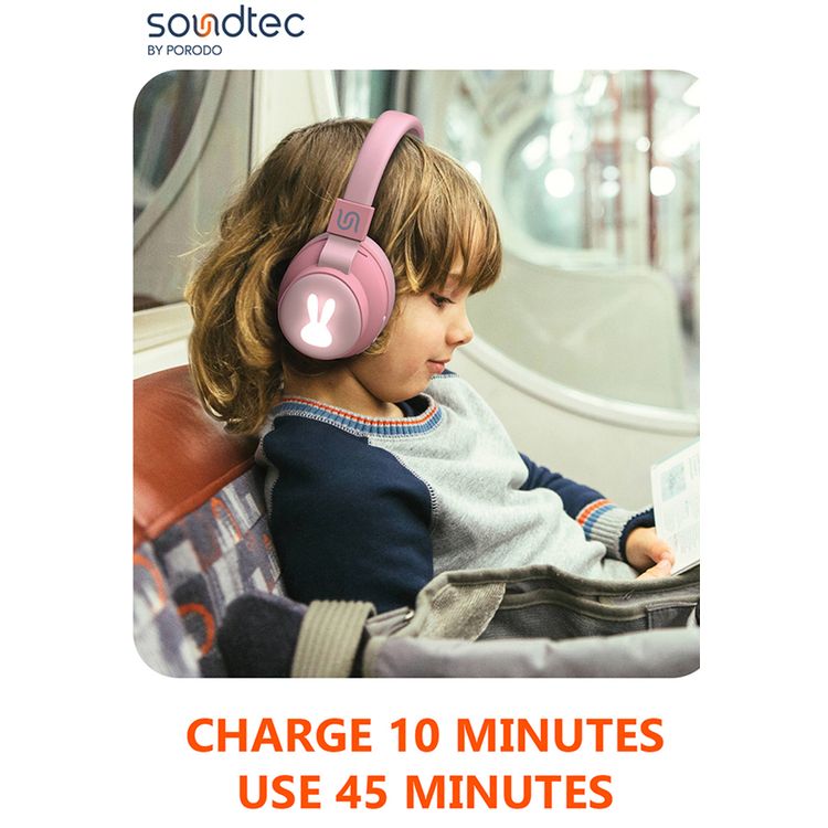 Porodo Soundtec Kids Rabbit Wireless Headphones with Clear Sound, Superior Microphone, LED Lights, Up to 30 Hours Playtime, 10m Bluetooth Range - Pink