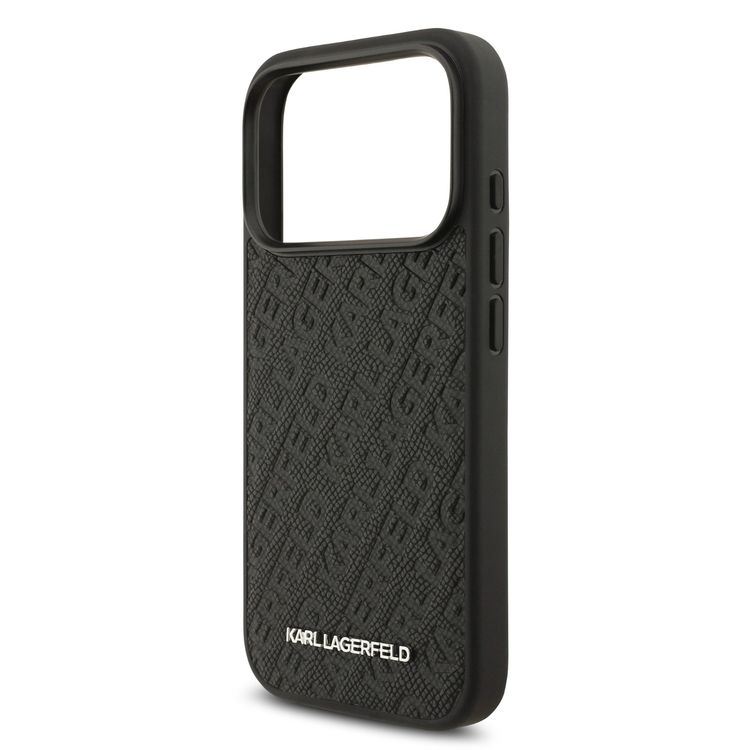 حافظة كارل لاغرفيلد مغسيف مغلفة بالكامل بجلد PU مع تصميم كارل الحَبْبي لهاتف آيفون 17 برو ماكس، تصميم نحيف، حماية من السقوط، سهولة التركيب السريع، عبوة مستدامة، قبضة مريحة، تصميم خفيف الوزن - لون أسود