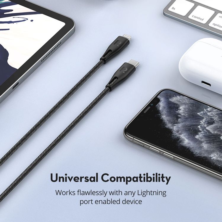 RAVPower Nylon Braided Cable 2M Compatible for Type-C to Lightning Cable, iPhone Connector Fast Charging and Data Transmitter Cord, Universal Compatibility MFi Certified - Black