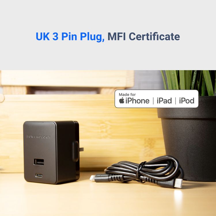 Powerology Ultra-Quick USB-C Charger with USB-C to Lightning Cable, 20W Power Delivery, 1.2m Cable Length, 0%-60% Charge in 35 Minutes, Built-in Safeguards - Black