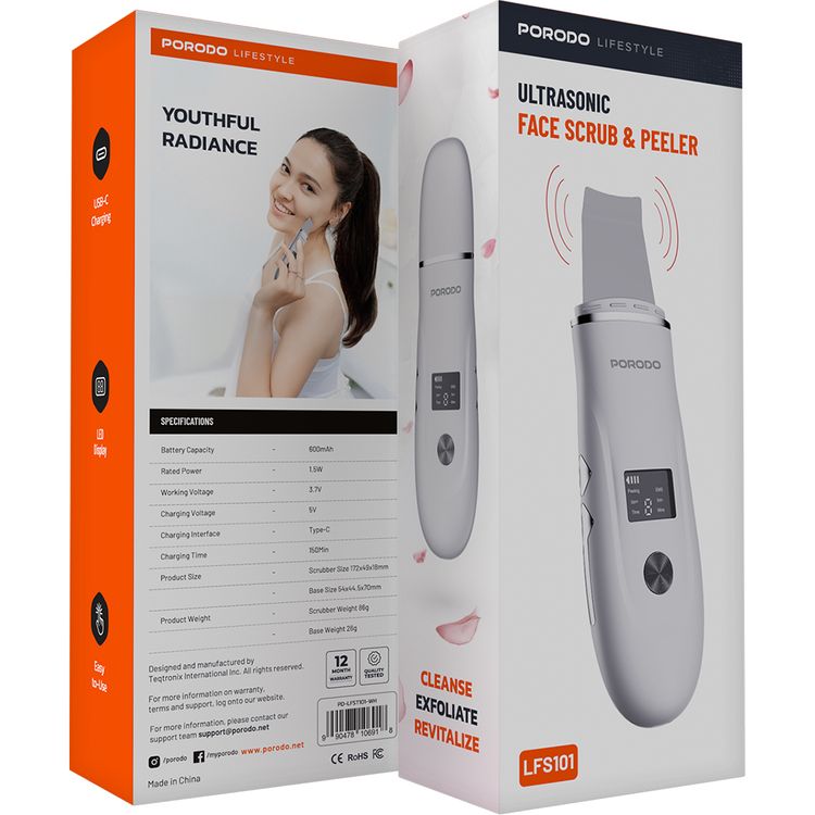 Porodo Lifestyle Ultrasonic Face Scrub & Peeler with LED Display, USB-C Charging, Cleanse, Exfoliate & Revitalize, Easy to Use, 150 Minutes Charging Time - White