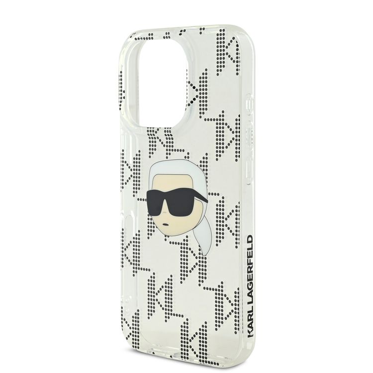 جراب Karl Lagerfeld IML الصلب مع تصميم Karl Head &amp; Monogram مطلي بالكهرباء لهاتف iPhone 16 Pro - شفاف