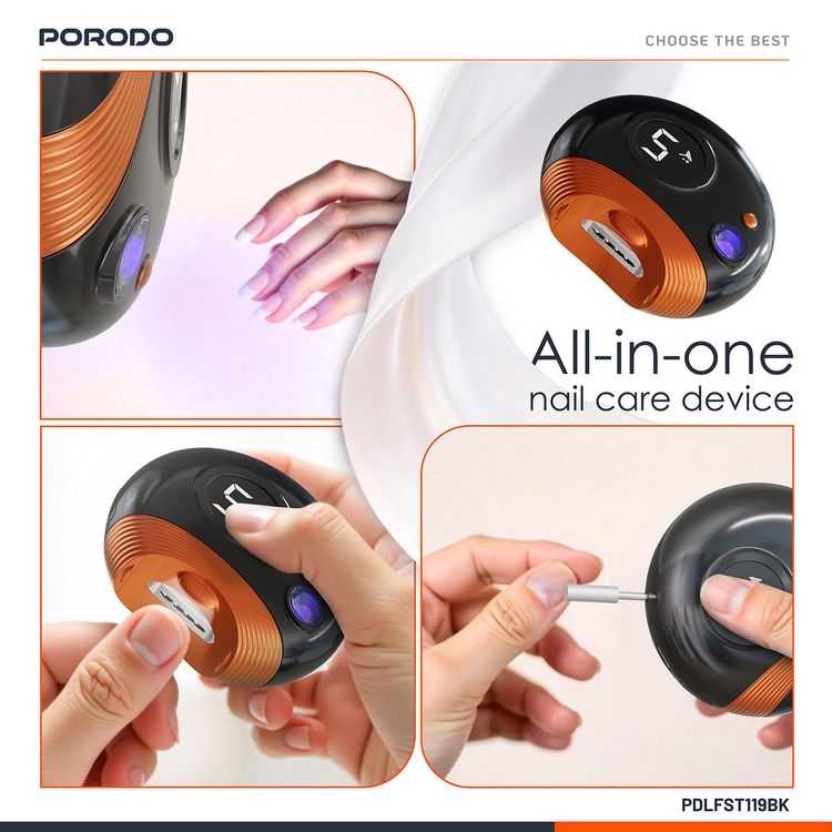 طقم مقص أظافر متعدد الوظائف من بورودو لايف ستايل، بقدرة 400 مللي أمبير، بواجهة شحن Type-C، جهد إدخال 5V/1A، وقت العمل من 2.5 إلى 3 ساعات، بقدرة 2 واط - لون أسود