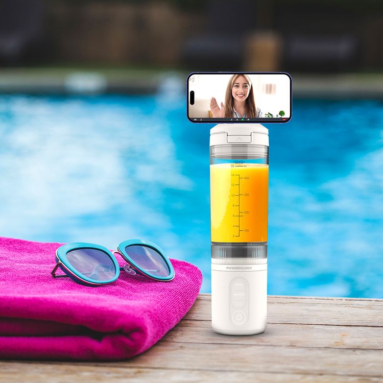 Powerology MagBlend Portable Blender with Magnetic Phone Mount, 6 Sharp Steel Blades, Powerful Ice Crushing, Multi-Mode Blending, 470mL Capacity, Fits to Car Cup Holders - White