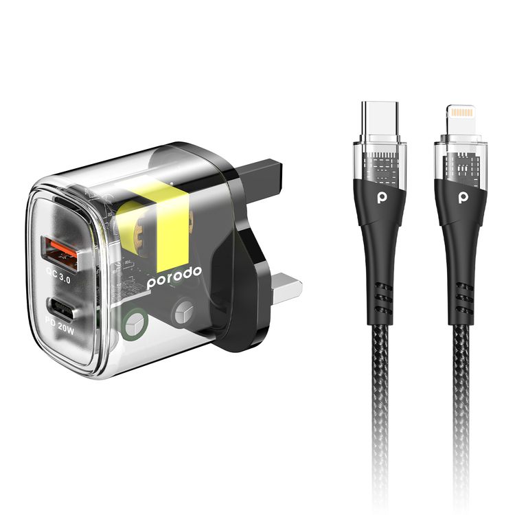 بورودو شاحن مزدوج وشفاف سريع USB-C PD وUSB-A QC مع كابل USB-C إلى Lightning في المملكة المتحدة 
