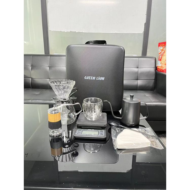 Green Lion G-40 Coffee Maker Set with Manual Grinder, Glass Dripper, Coffee Spoon, Timer Scale - Black