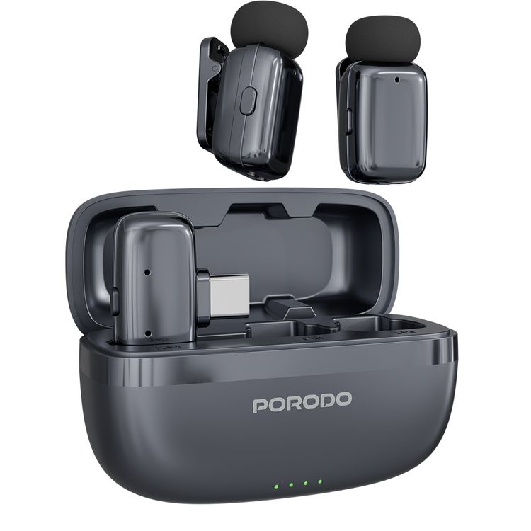 Porodo Wireless Lavalier Microphones with Type-C Connector, Noise Reduction, 33 Hours Working Time with Charging Case, 250mAh Case Battery Capacity, <22ms Latency, Plug & Play - Black