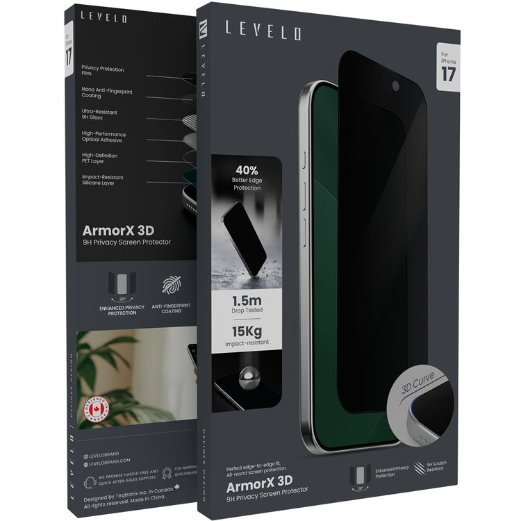 Levelo ArmorX 3D Privacy Screen Protector with 9H Hardness for iPhone 17, Oleophobic Coating, Anti-Scratch, Anti-Fingerprint, High-Definition PET Layer, High-Performance Optical Adhesive, Impact-Resistant Silicone Layer, Drop-Tested - Black