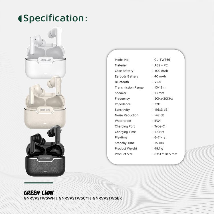 Green Lion River Plus True Wireless Earbuds with ANC + ENC Clarity, 2.4G Connector Included, Up to 7 Hours of Playtime, Smart in-Ear Detection, Bluetooth Version 5.4, -42dB Noise Reduction, 35 Hours Standby Time - White