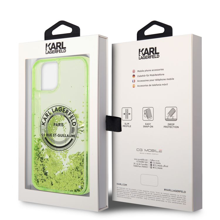 Karl Lagerfeld Liquid Glitter Case Silicone Round RSG Logo Ultra-Thin iPhone 14 Compatibility - Yellow