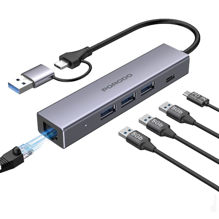 Porodo 5-in-1 Multi-Port Hub with RJ45, USB-C & Triple USB 3.0 Ports, 100W Power Delivery, Aluminum Alloy Housing, Universal Compatibility, Plug & Play Design - Gray