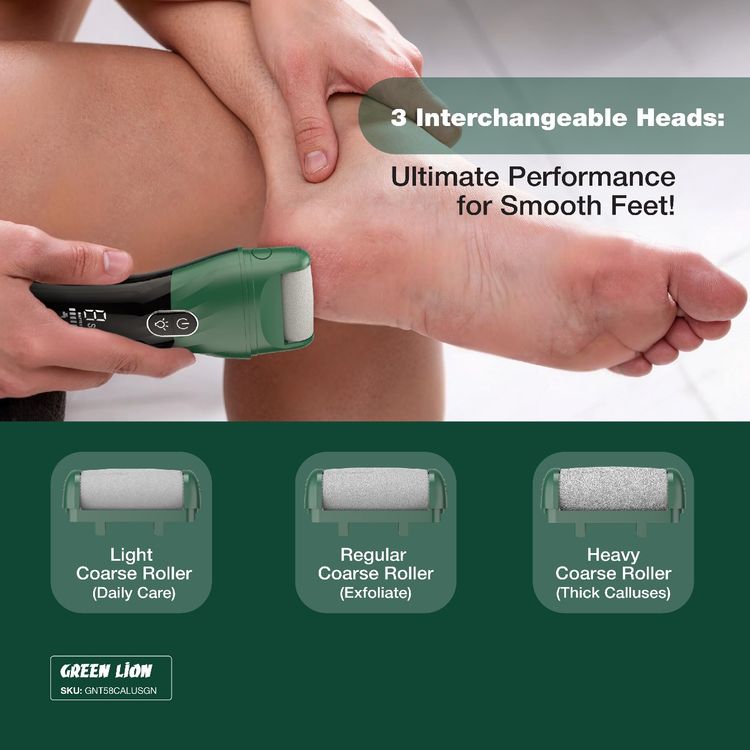 Green Lion Callus Remover with Protective Cap, 3 Detachable Roller Heads, Digital Display, 2 Speed Levels, 5W Power, 20 Minutes Auto Power-Off Function, Dual-Pin Charging Port - Green
