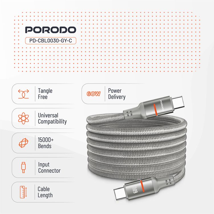 Porodo Type-C to Type-C Magnetic Braided Cable with 60W Power Delivery, 1.2m Cable Length, More than 15,000 Bends Lifespan, Tangle-Free Design - Gray