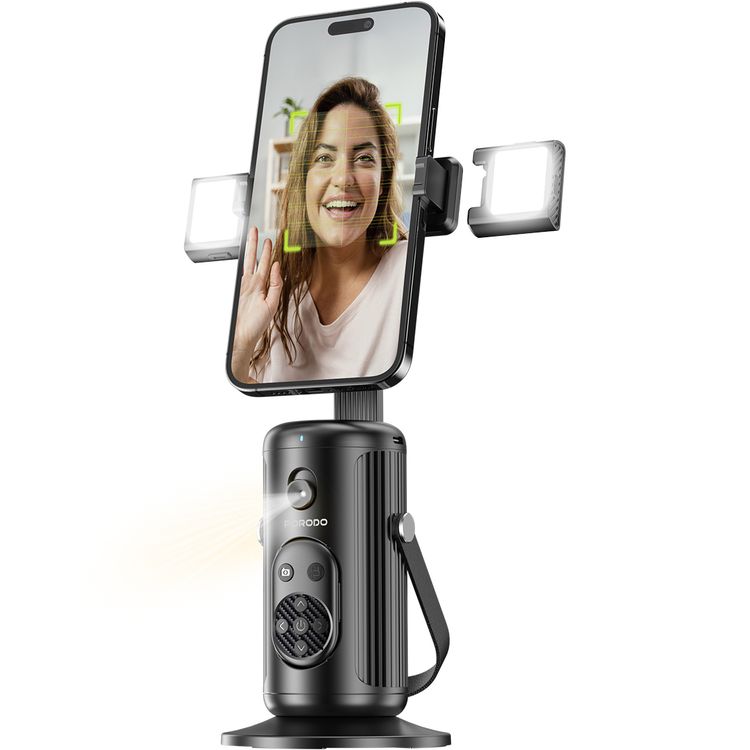 Porodo Face Tracking Smart Mount with Wireless Shutter, Detachable Fill Light, Gesture Control, Lightweight Design, 1800 mAh Battery - Black