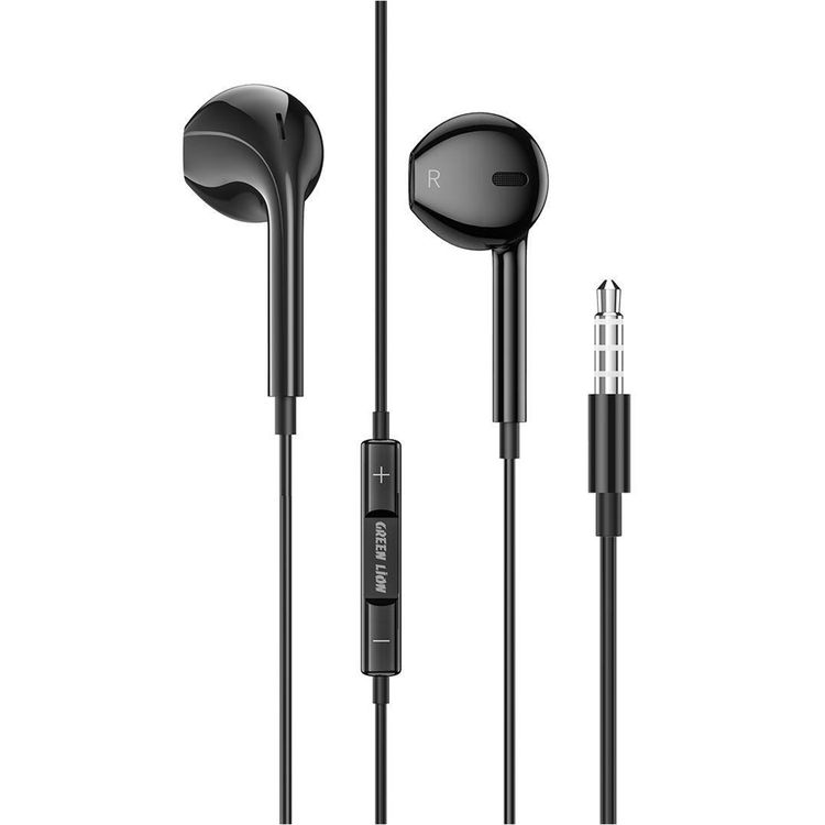 Green Lion Stereo Earphones with Built-in Microphone, 14mm Speaker, 1.2m Cable Length, 3.5mm Audio Jack, Control Buttons - Black
