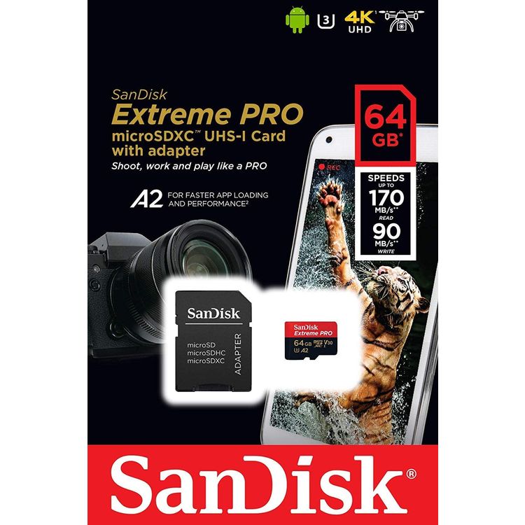 SanDisk 64GB Extreme Pro microSDXC Memory Card Plus SD Adapter up to 100 MB/s, Class 10, U3, V30, A1 - SDSQXCG-064G-GN6MA