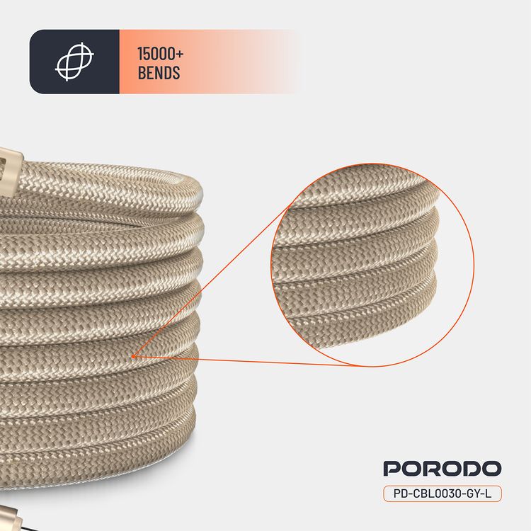Porodo Type-C to Lightning Magnetic Braided Cable with 30W Power Delivery, 1.2m Cable Length, More than 15,000 Bends Lifespan, Tangle-Free Design - Gold