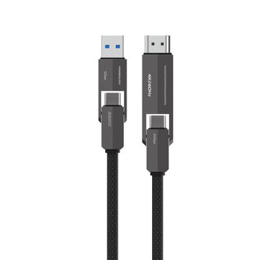 كابل باورولوجي فيون 4 في 1 للشحن ونقل البيانات بسرعات نقل بيانات تصل إلى 40 جيجابت في الثانية، بطول 1.2 متر، خالٍ من التشابك، يتميز بغلاف من سبيكة الزنك، شحن عالي السرعة، موصلات إدخال USB-C وUSB-A - أسود