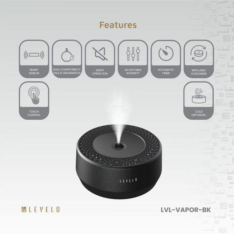 Levelo Car Aroma Diffuser Vapor, Aluminum & Plastic Material, 400mAh Battery Capacity, 9 Hours Working Time, 1 Hour Charging Time - Black