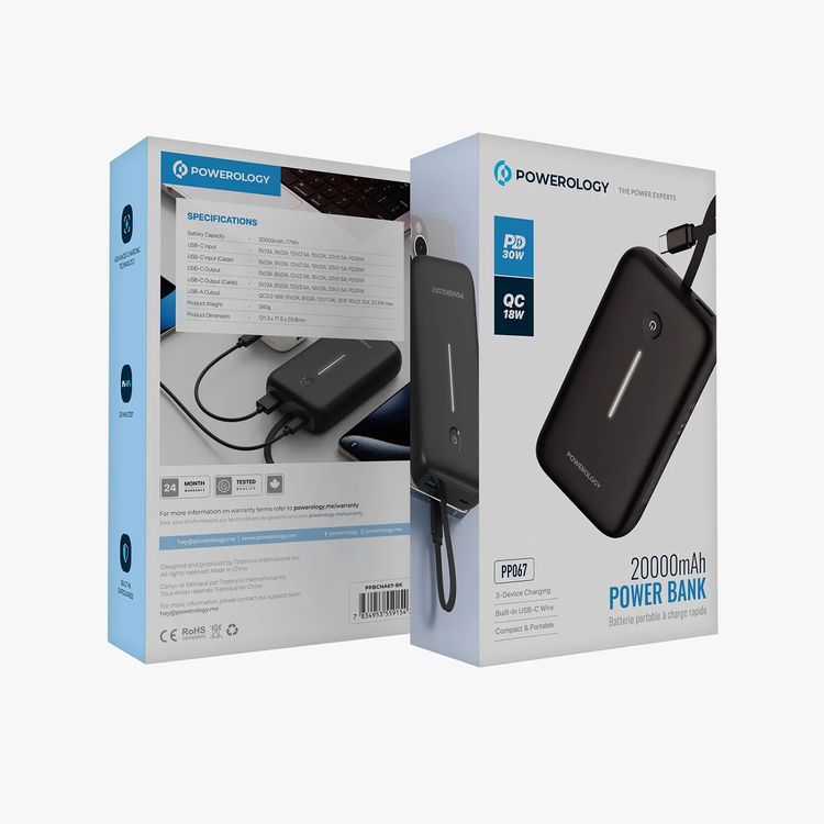 Powerology 20000mAh Power Bank with Detachable USB-C Wire, 30W Power Delivery, 3-Device Charging, Long Time Standby, Universal Phone Compatibility, Built-in Safeguards - Black