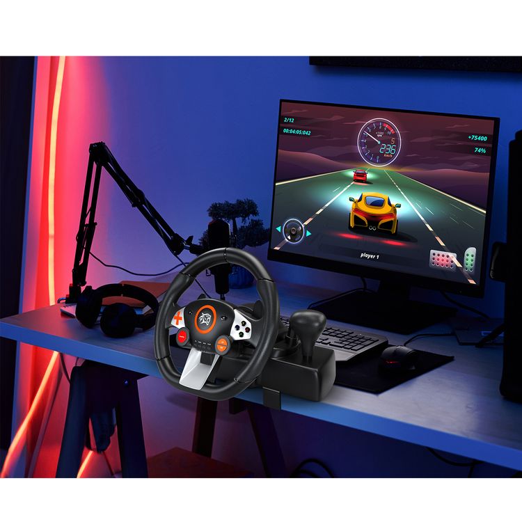 Porodo Gaming 7-in-1 Steering Wheel	with Quick Pedal, Plug & Play, Gear Lever, 270° Coil-spring Mechanism, 10" Racing Wheel, 96mA Vibration Motor Operating Current - Black