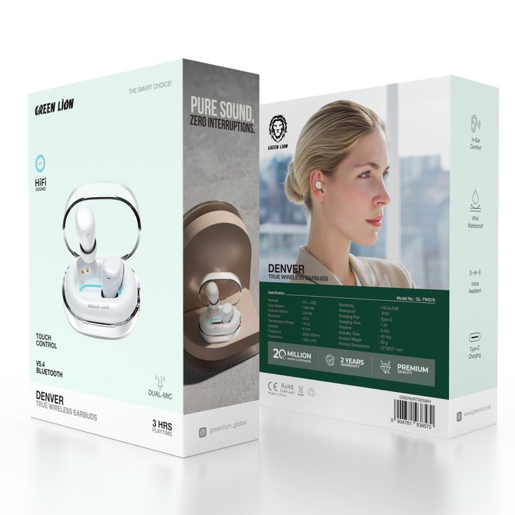 Green Lion Denver True Wireless Earbuds with IPX4 Waterproof, Voice Assistant, In-ear Comfort, Dual-Mic, Touch Control, 3 Hours Playtime - White