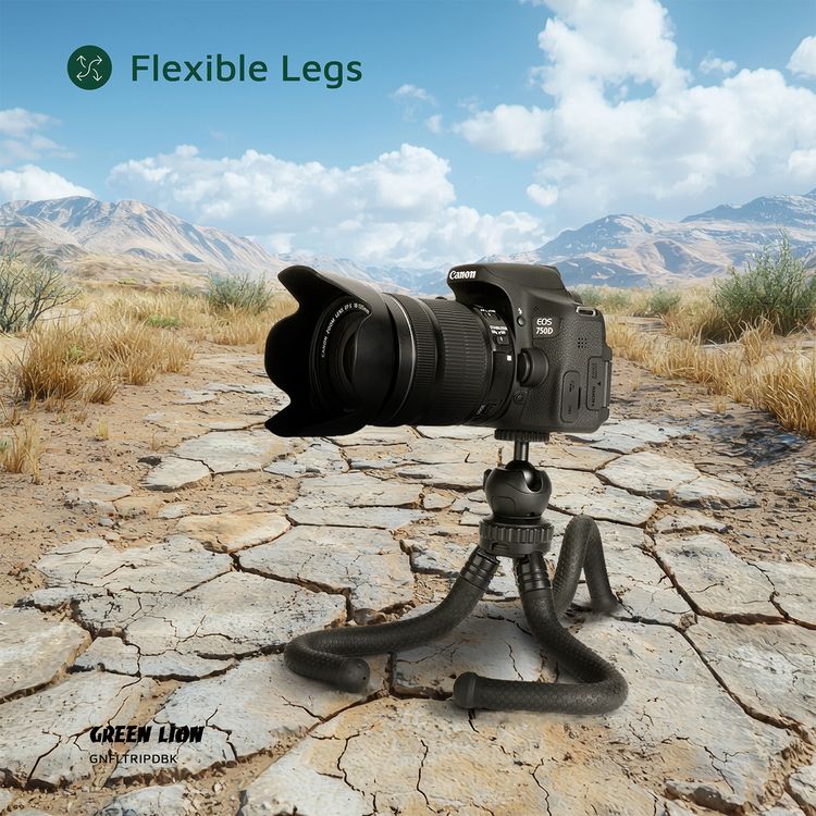 Green Lion Flexible Tripod with Foam Grips, ABS + TPR & Aluminum Material, 3kg Load Capacity, 360° Rotation, Flexible Legs, 2-Angle Adjustable, Pan & Tilt Functions - Black