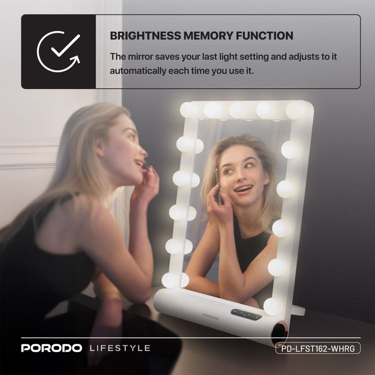 Porodo Hollywood Vanity Lighted Mirror with Built-in Bluetooth Speaker, 15 LED Bulbs, Auto-Off Function, ABS & Glass Material, Smart Touch Control, Brightness Memory Function - White / Rose Gold