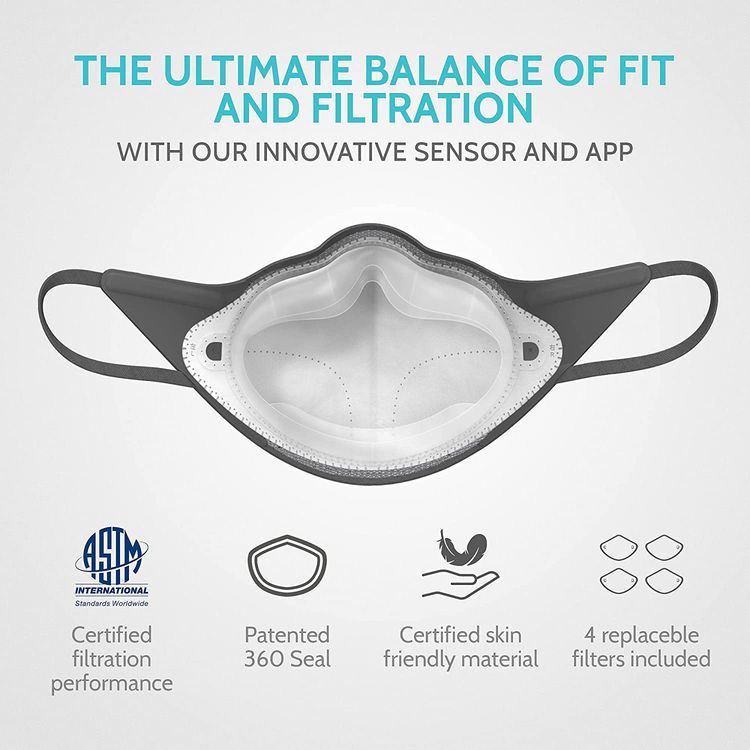 Airpop Active & Halo Smart Mask with Up to 40 Hours Wearability, 360° Soft Touch Seal, Inhale & Exhale LED Ring Indicator, 99.3% Particle Filtration & 99.9% Bacterial Filtration - Black / Yellow