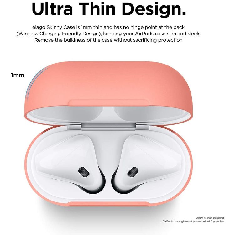 Elago Basic Skinny Case for Apple AirPods 1&2 Generation, Upgraded Premium Silicone, Front LED Visible, Dustproof Protective Cover, Compatibility With Wireless Chargers Neon peach