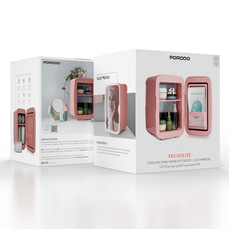 Porodo Lifestyle Cooling Mini Makeup Fridge with 4L Capacity, LED Mirror, Thermoelectrical Cooling, Low-Noise Fan, Travel-Friendly Design, Prolonged Lifespan, PP Material, 10°C-15°C Temperature Range - Pink 