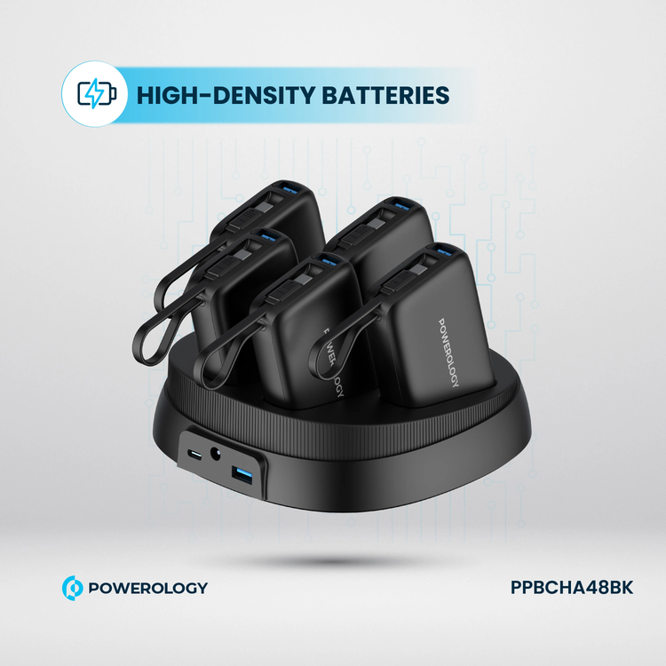 Powerology 5 x 10000mAh Power Bank Station with 50W PD, USB-A, USB-C, Type-C Built-in Cable, 12V/1A Max Contact Input, Rapid Recharging Station, High-Density Batteries, Type-C Built-in Cable, 5V/3A Total Output, Built-in Safeguards - Black