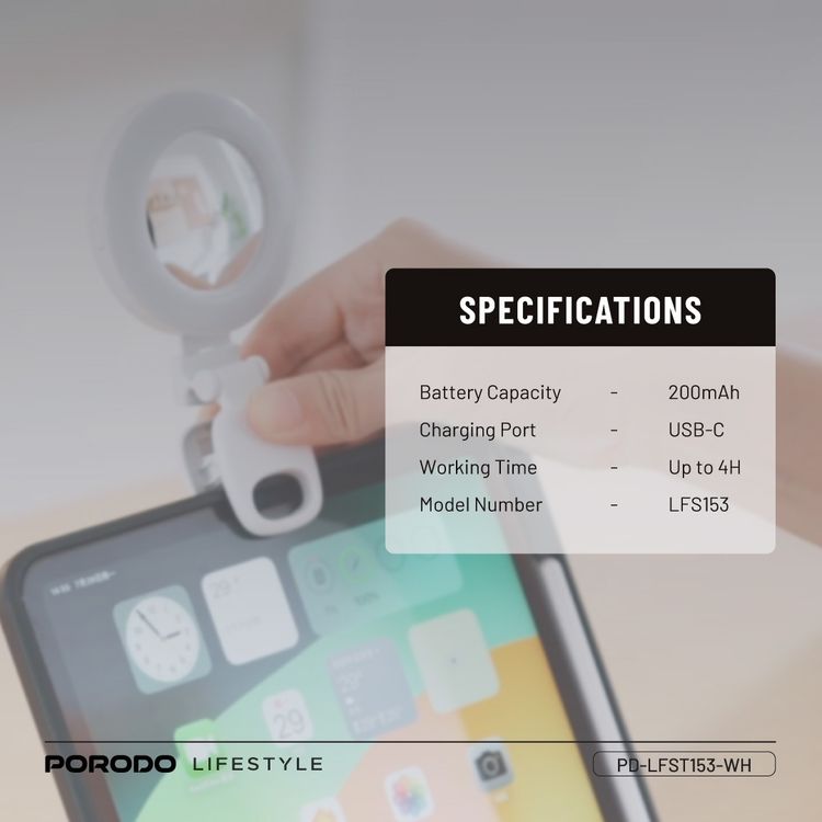 Porodo Lifestyle Clip-On Mirror Fill Light with Camera Shoe Mount, Type-C Charging Port, 200mAh Battery Capacity, Up to 4 Hours Working Time, 180° Adjustable Angle, Customizable Light Modes - White